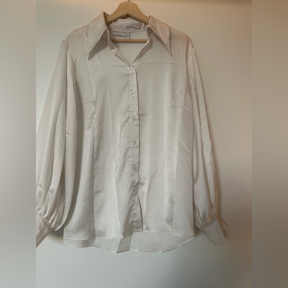 Faux satin like button down shirt with big collar brand new